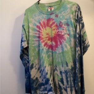 Tie-dyed Goddard college logo, long sleeve T-shirt. 100% cotton. Never worn.